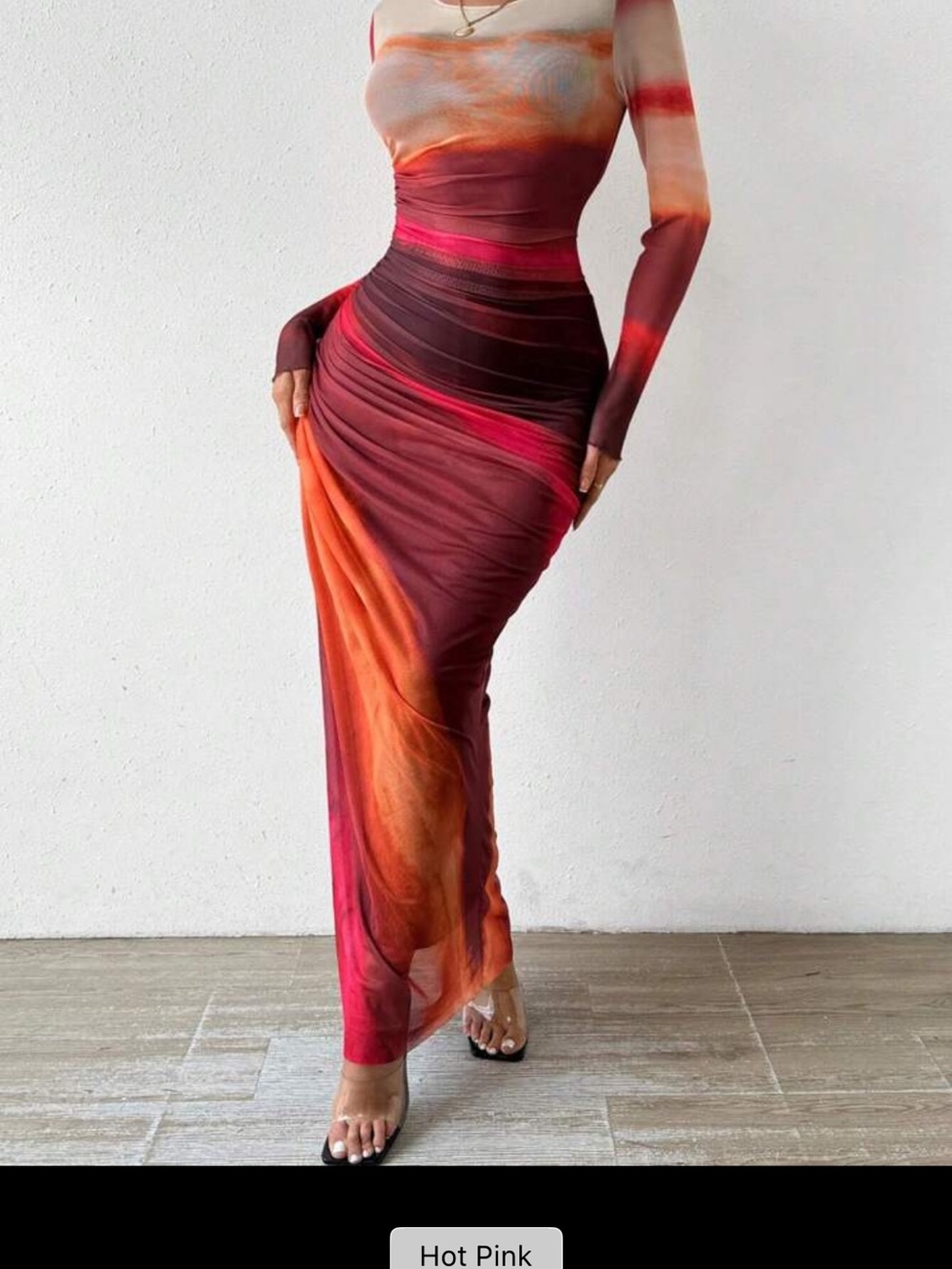 Amazon Ombre Long Sleeve Maxi Dress in Burgundy, Hot Pink & Orange